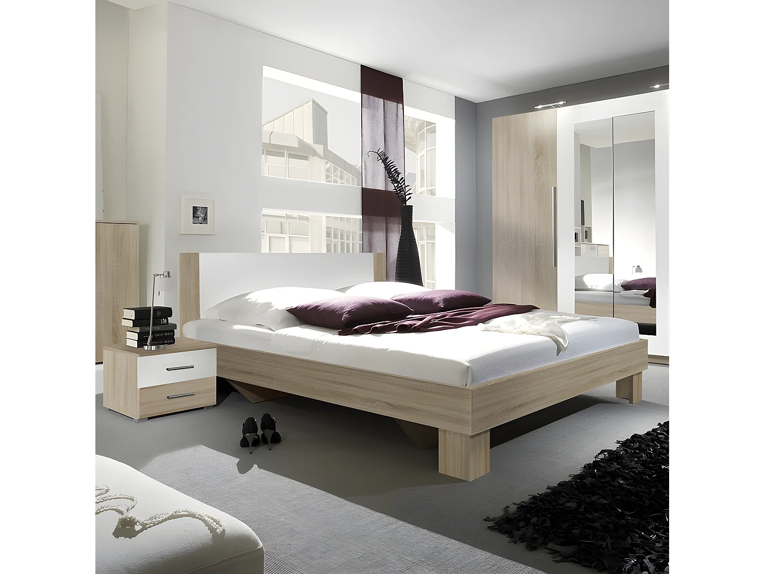 Lit adulte 160x200 collection IRINA. Chevets intégrés. Coloris chêne clair et blanc