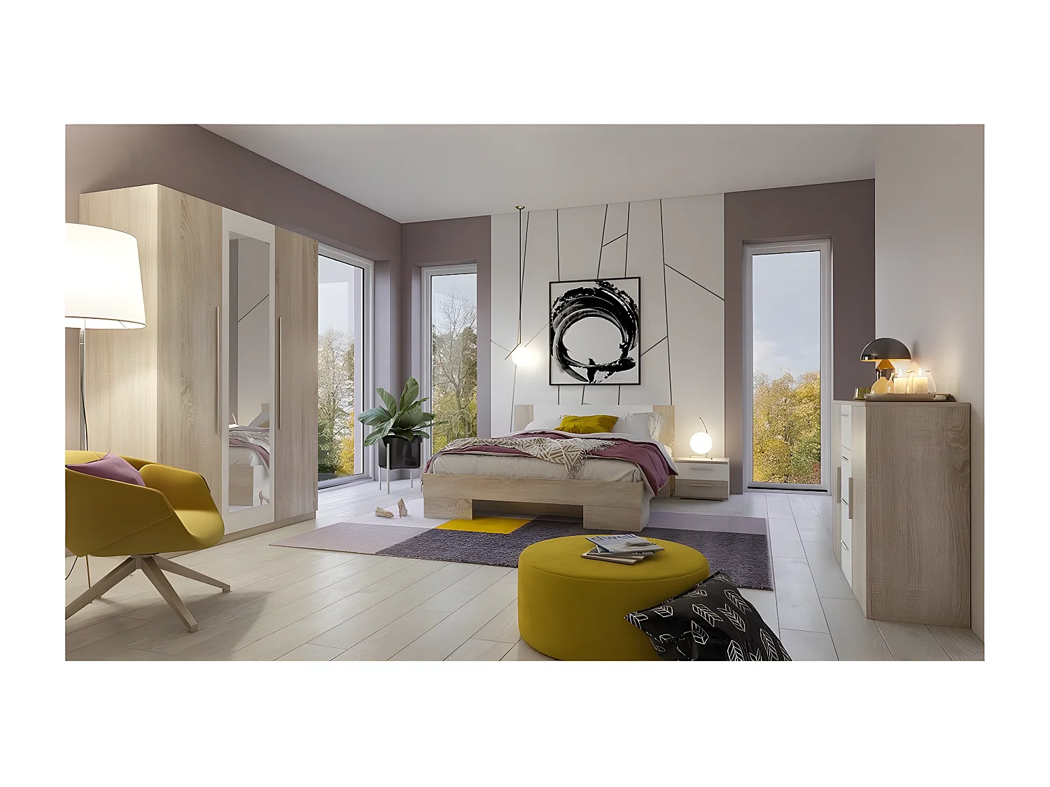 Lit adulte 160x200 collection IRINA. Chevets intégrés. Coloris chêne clair et blanc