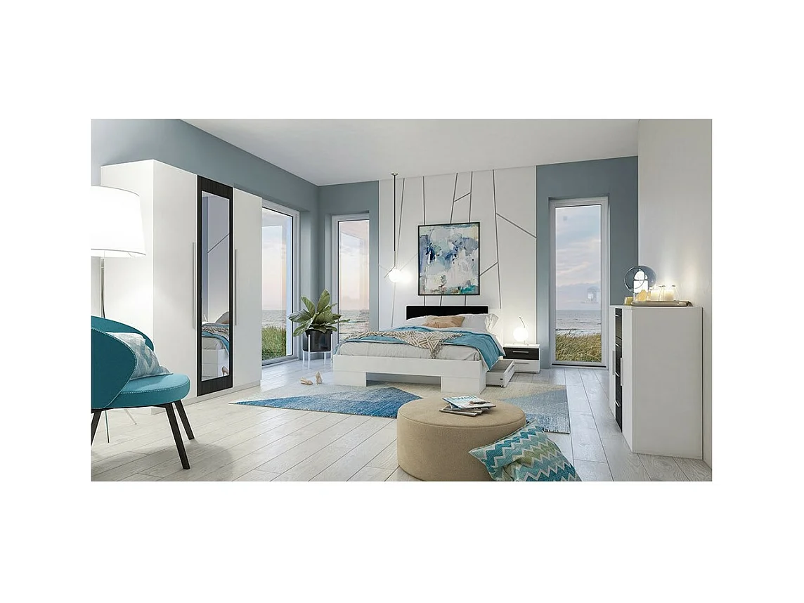 Lit adulte 180x200 collection IRINA. Chevets intégrés. Coloris blanc et gris anthracite