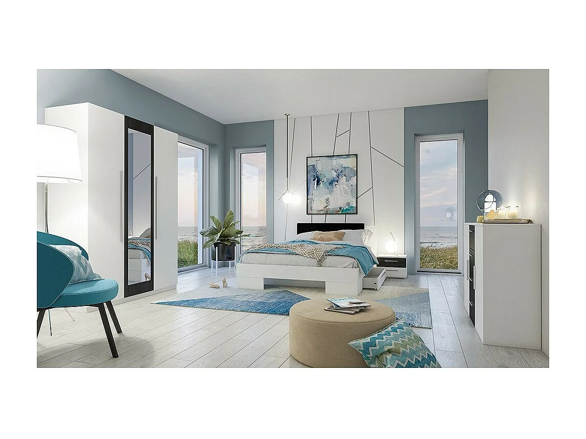 Lit adulte 180x200 collection IRINA. Chevets intégrés et sommier inclus. Coloris blanc et gris anthracite