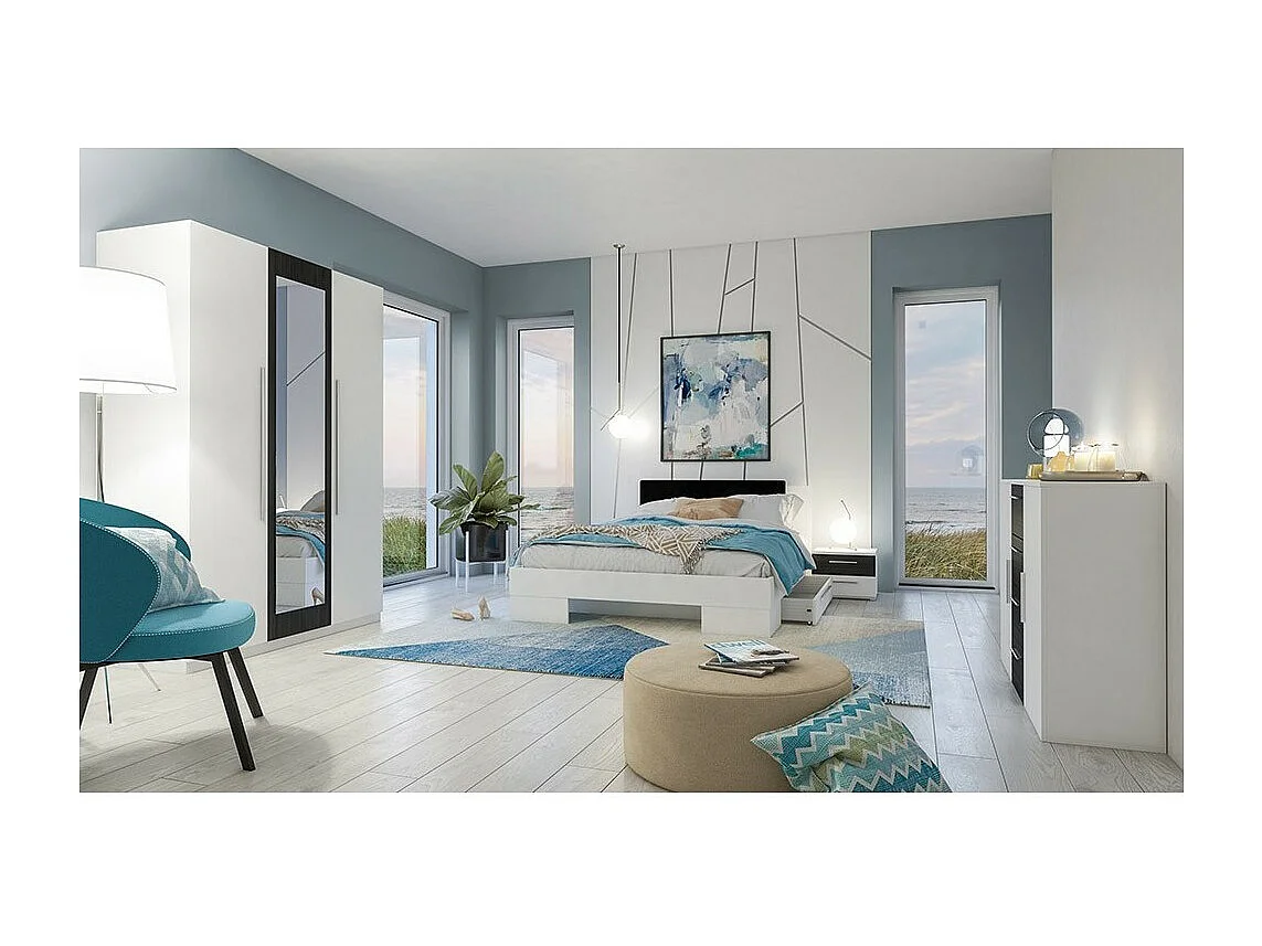 Lit adulte 160x200 collection IRINA. Chevets intégrés. Coloris blanc et gris anthracite