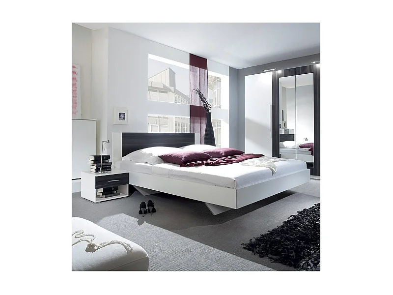 Lit adulte 160x200 collection IRINA. Chevets intégrés. Coloris blanc et gris anthracite