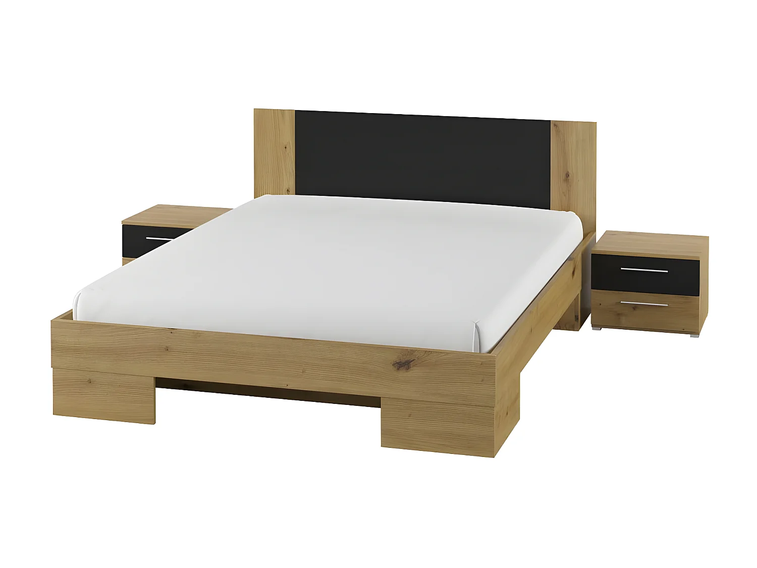 Lit adulte 160x200 collection IRINA. Chevets intégrés. Coloris chêne clair et noir