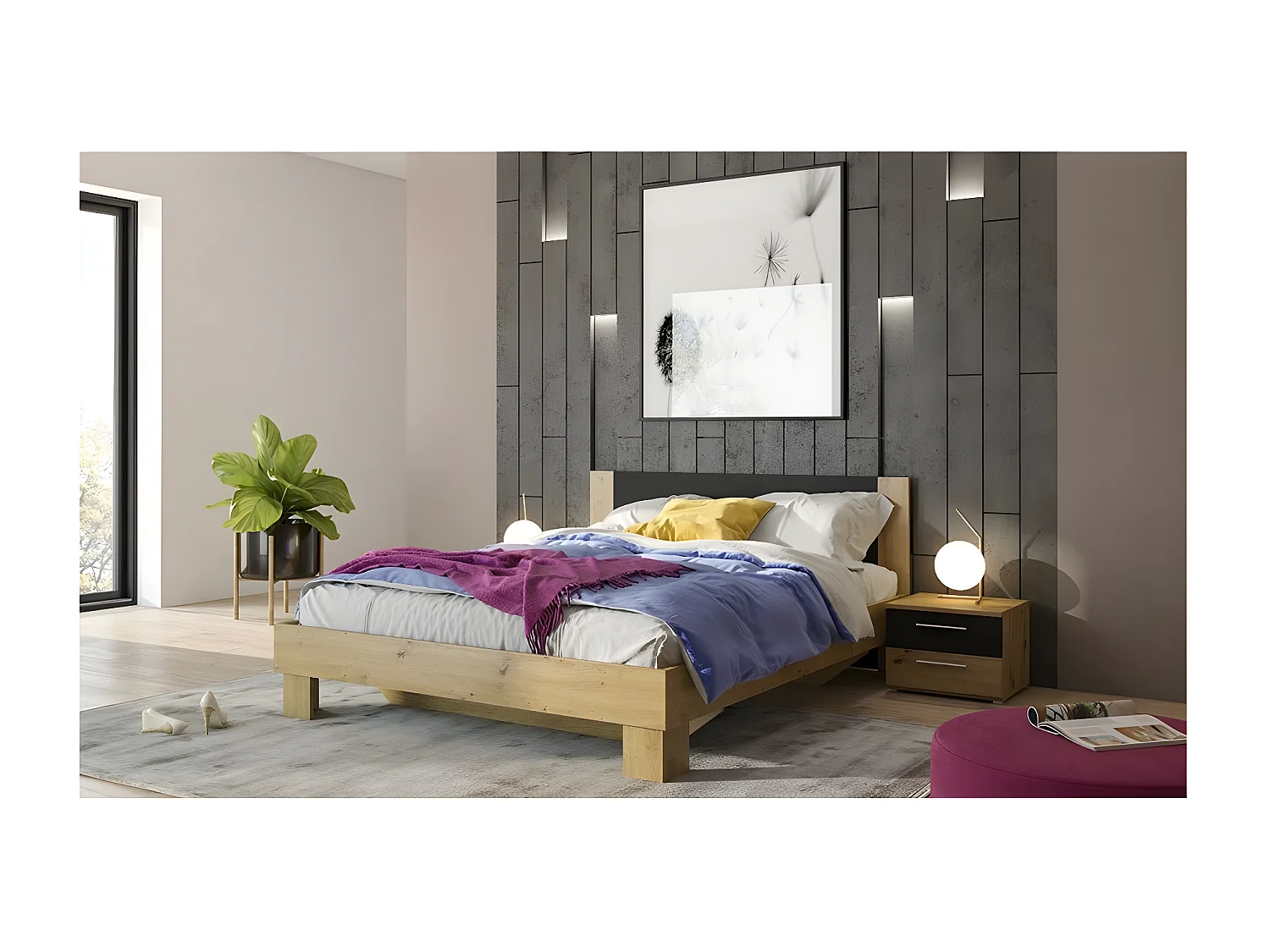 Lit adulte 160x200 collection IRINA. Chevets intégrés. Coloris chêne clair et noir