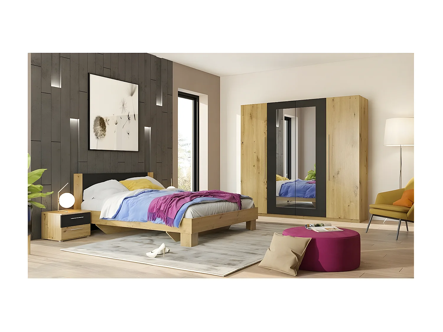 Lit adulte 160x200 collection IRINA. Chevets intégrés. Coloris chêne clair et noir