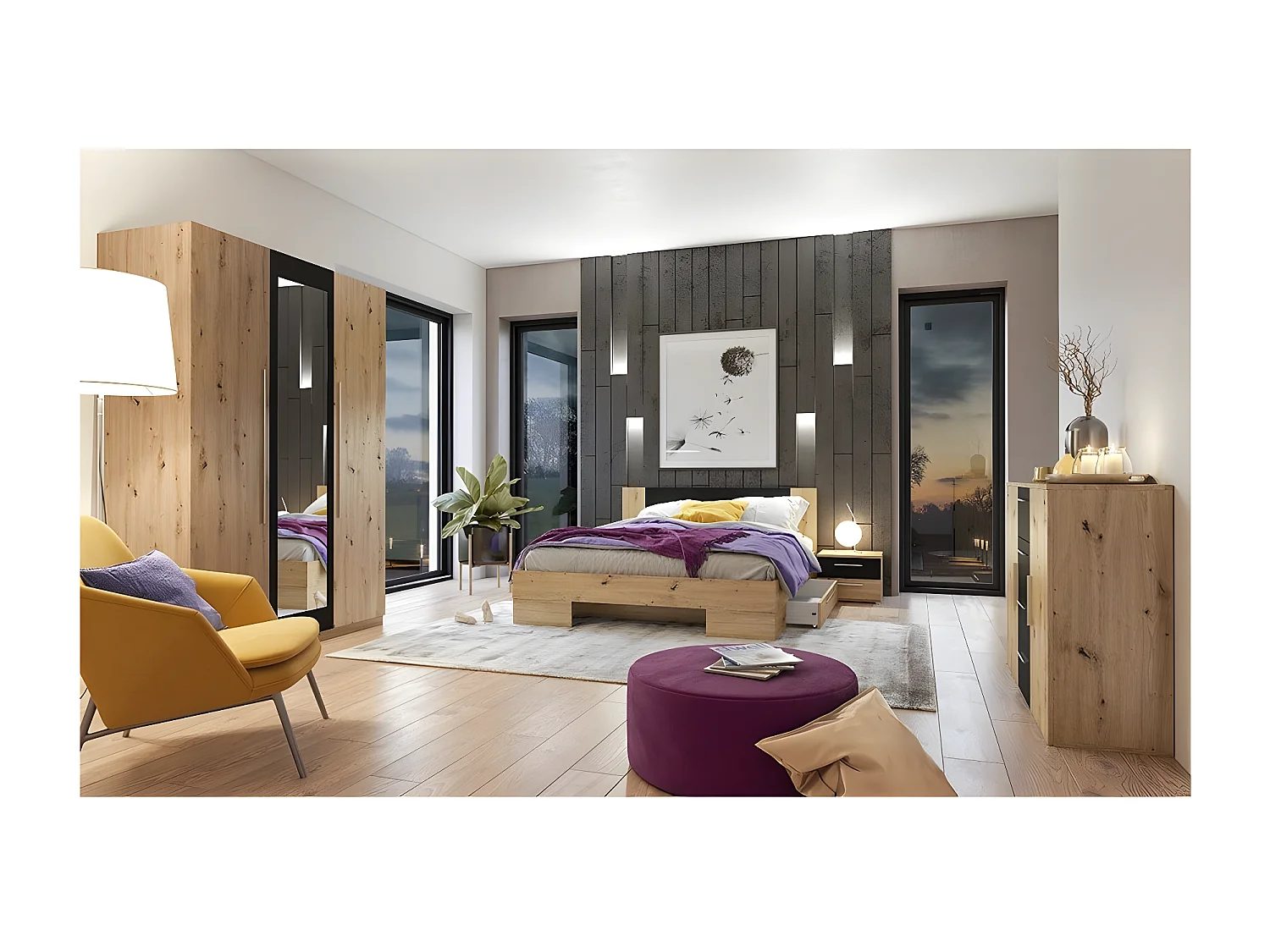 Lit adulte 160x200 collection IRINA. Chevets intégrés. Coloris chêne clair et noir