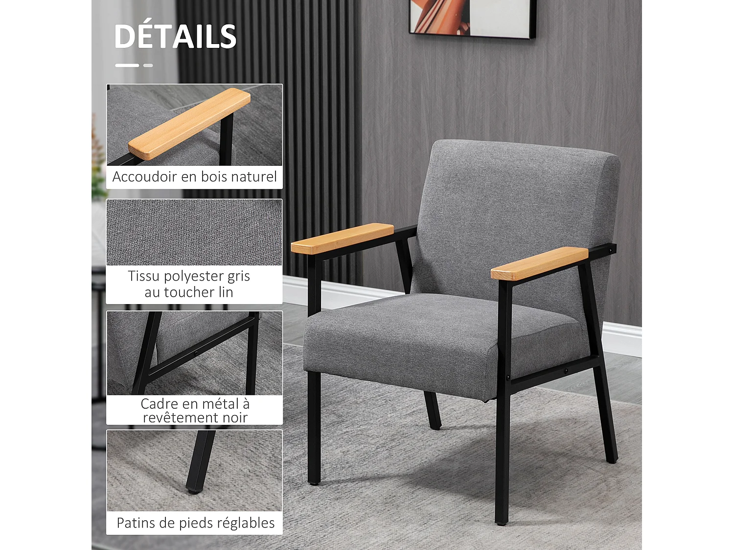 Fauteuil lounge style néo-rétro structure acier noir accoudoirs bois hévéa revêtement tissu aspect lin gris
