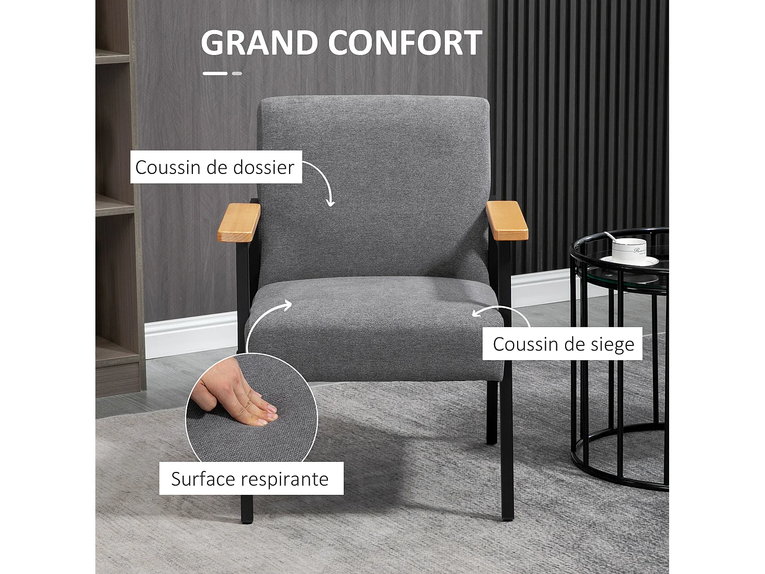 Fauteuil lounge style néo-rétro structure acier noir accoudoirs bois hévéa revêtement tissu aspect lin gris