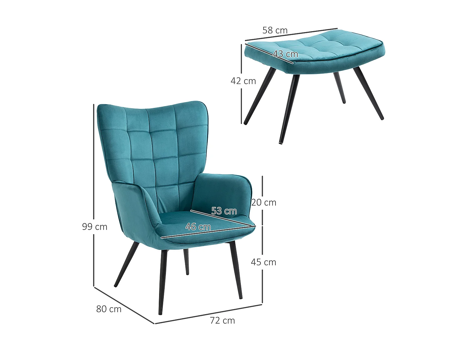 Fauteuil Salon Rembourré Design Retro Velours Vert Bleu - Pieds Métal Doré 8057C