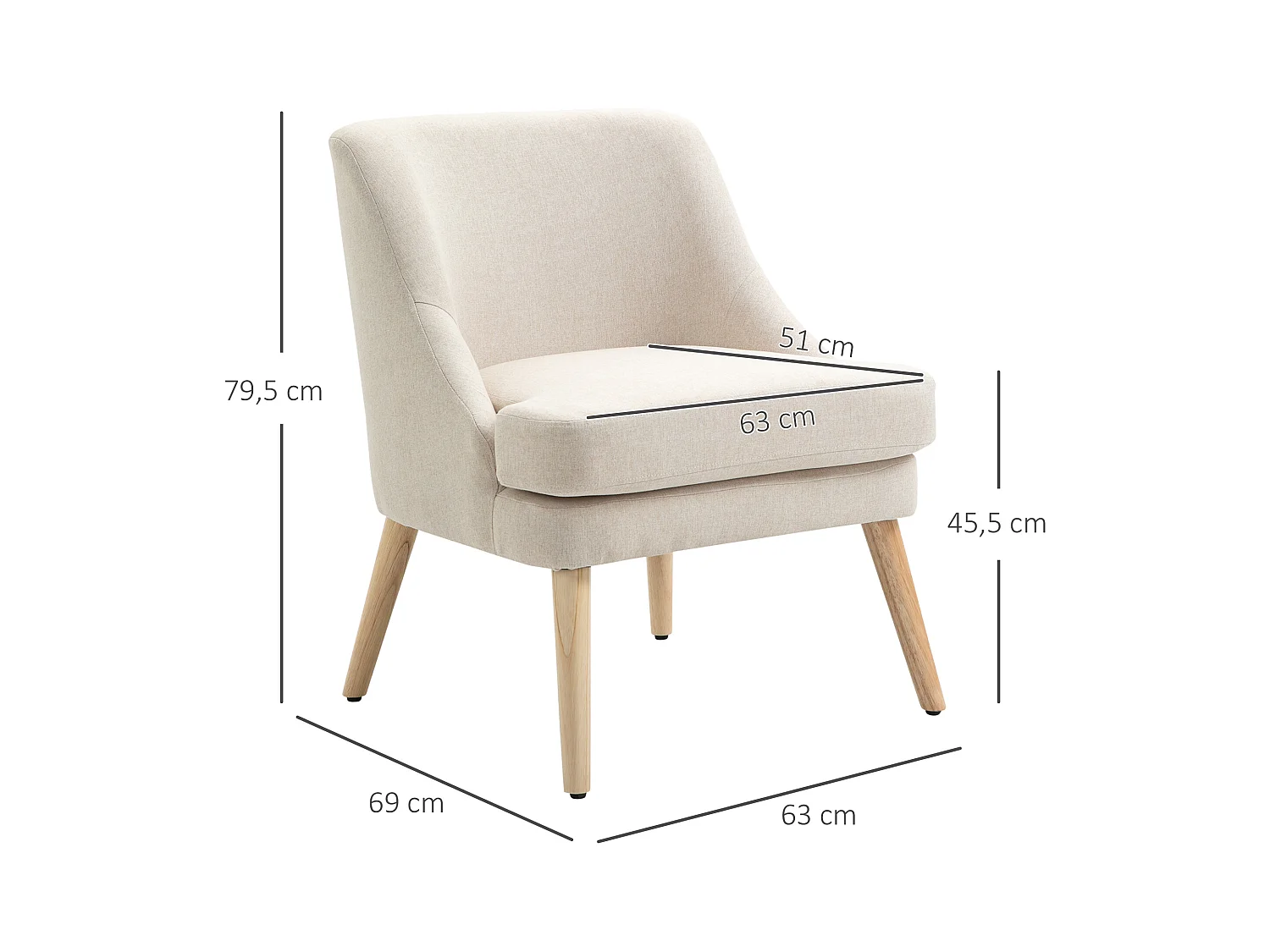Fauteuil lounge design scandinave pieds effilés bois massif hévéa revêtement tissu polyester aspect lin beige