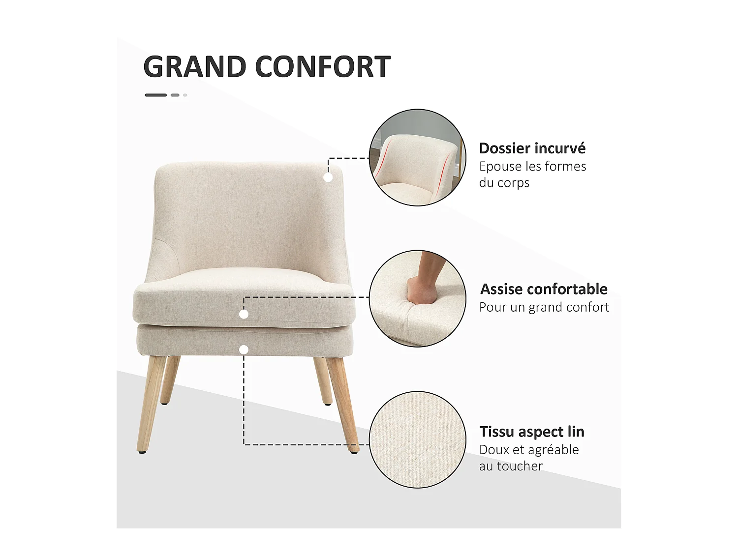 Fauteuil lounge design scandinave pieds effilés bois massif hévéa revêtement tissu polyester aspect lin beige