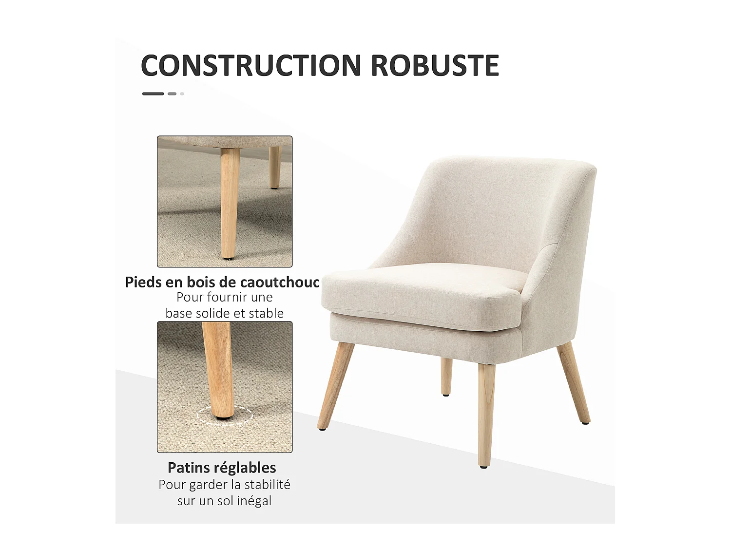 Fauteuil lounge design scandinave pieds effilés bois massif hévéa revêtement tissu polyester aspect lin beige