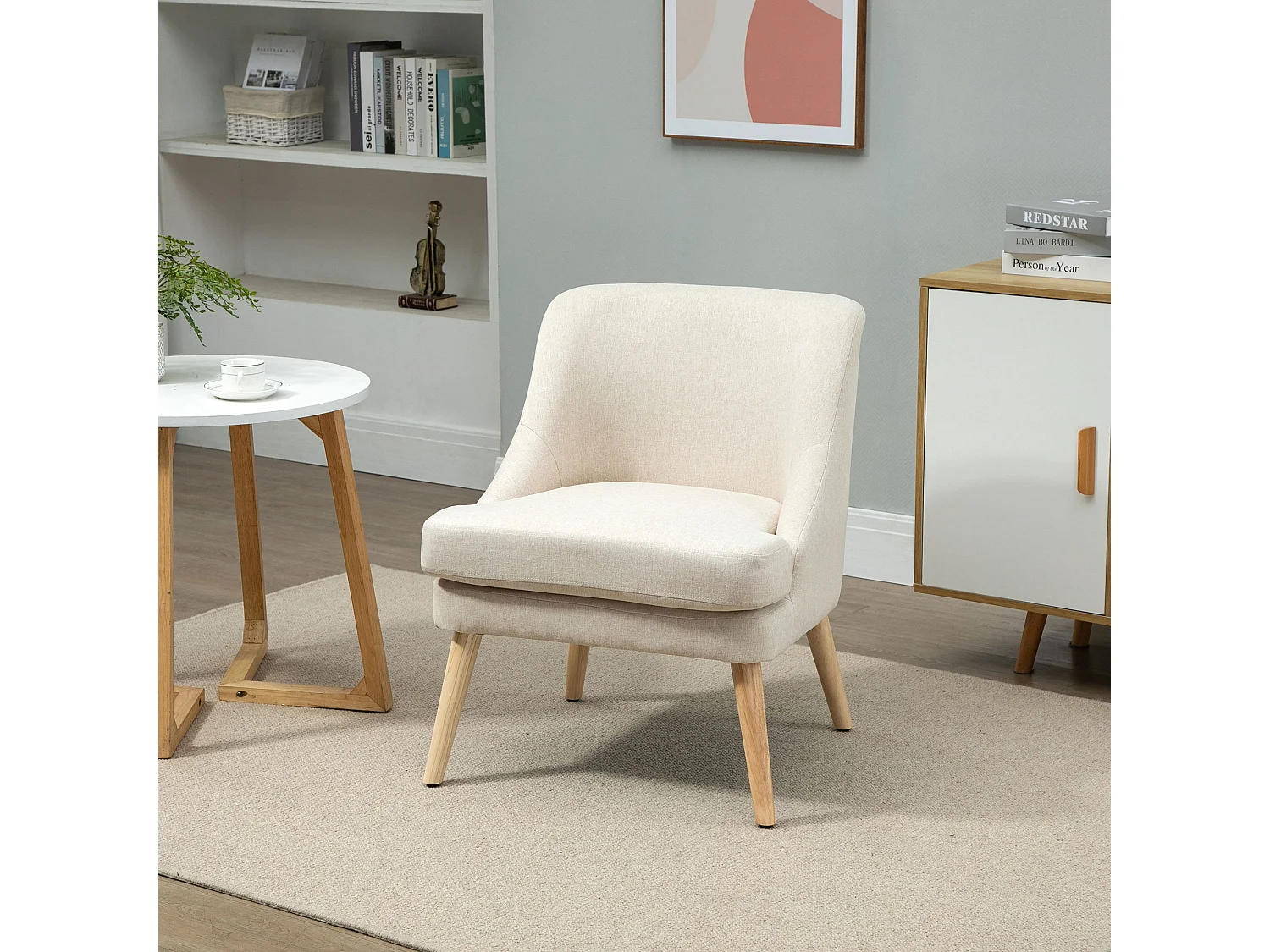Fauteuil lounge design scandinave pieds effilés bois massif hévéa revêtement tissu polyester aspect lin beige