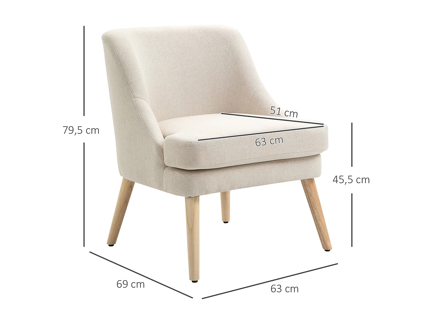 Fauteuil lounge design scandinave pieds effilés bois massif hévéa revêtement tissu polyester aspect lin beige