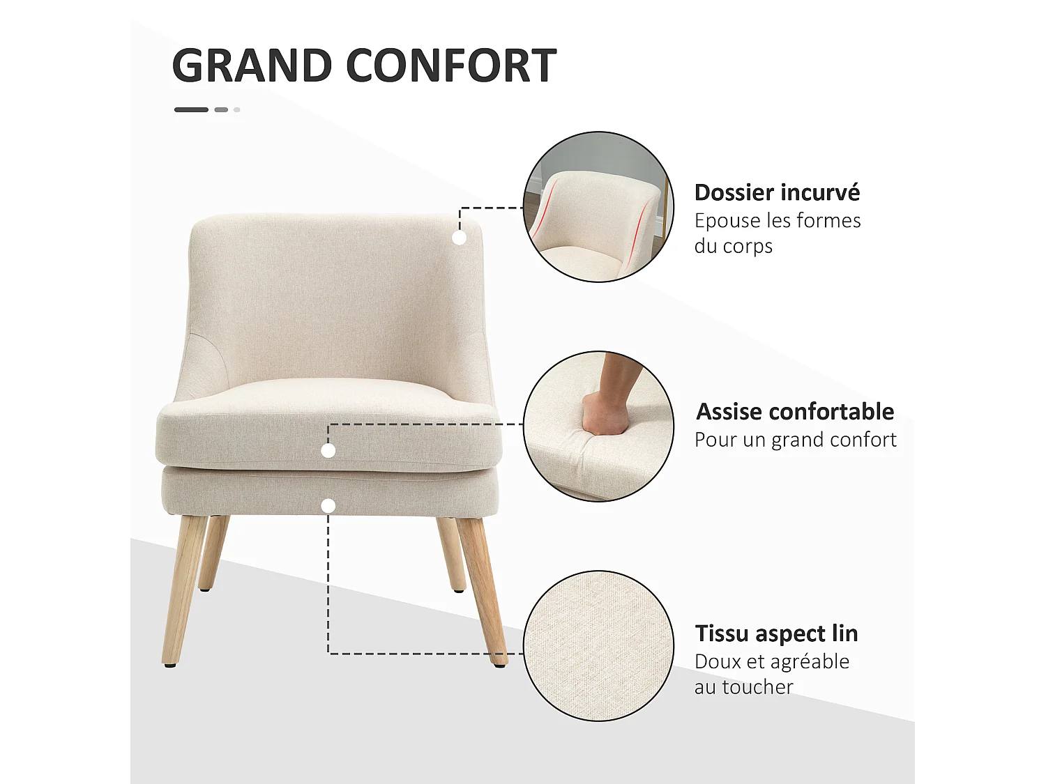 Fauteuil lounge design scandinave pieds effilés bois massif hévéa revêtement tissu polyester aspect lin beige