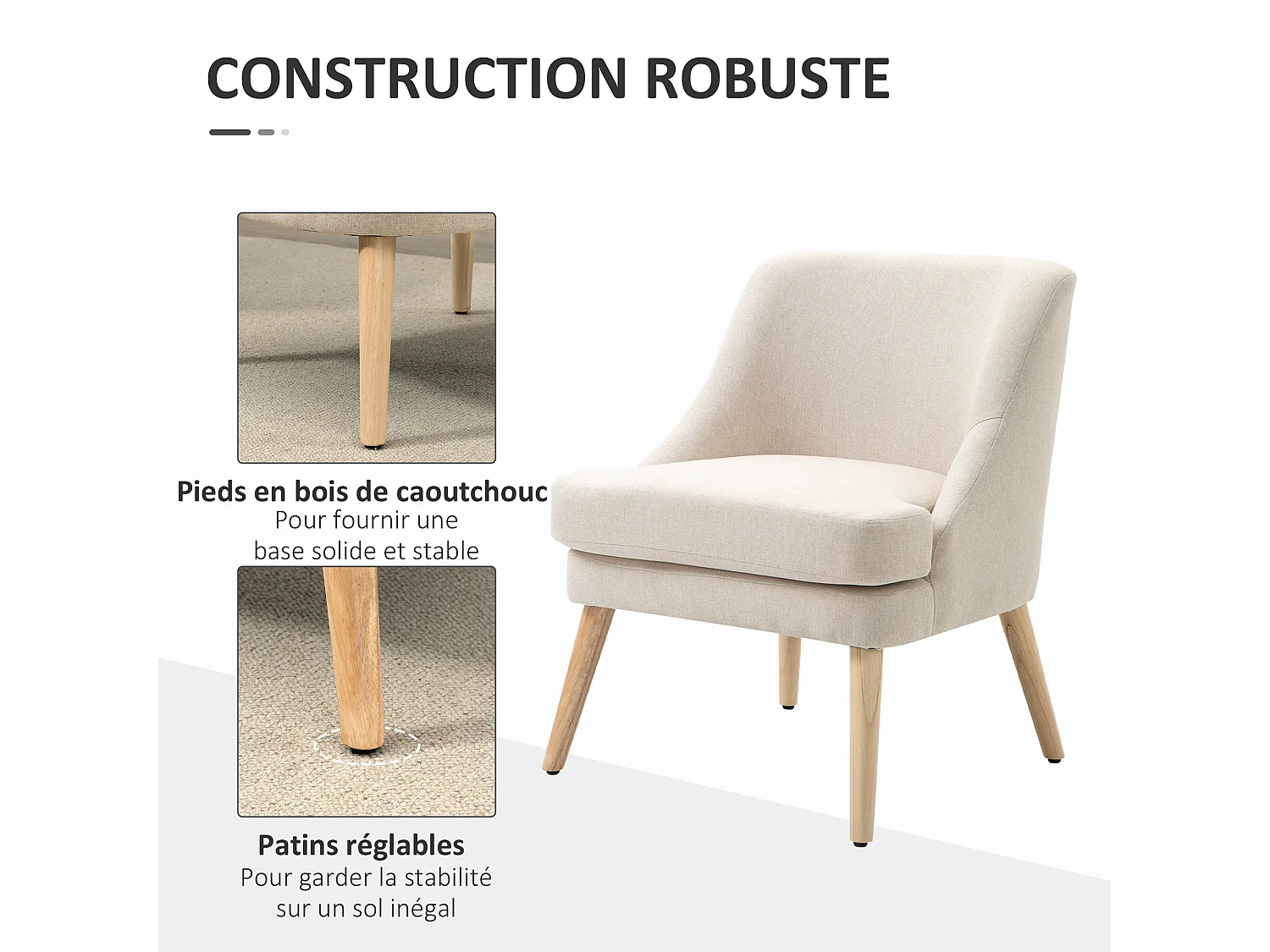 Fauteuil lounge design scandinave pieds effilés bois massif hévéa revêtement tissu polyester aspect lin beige