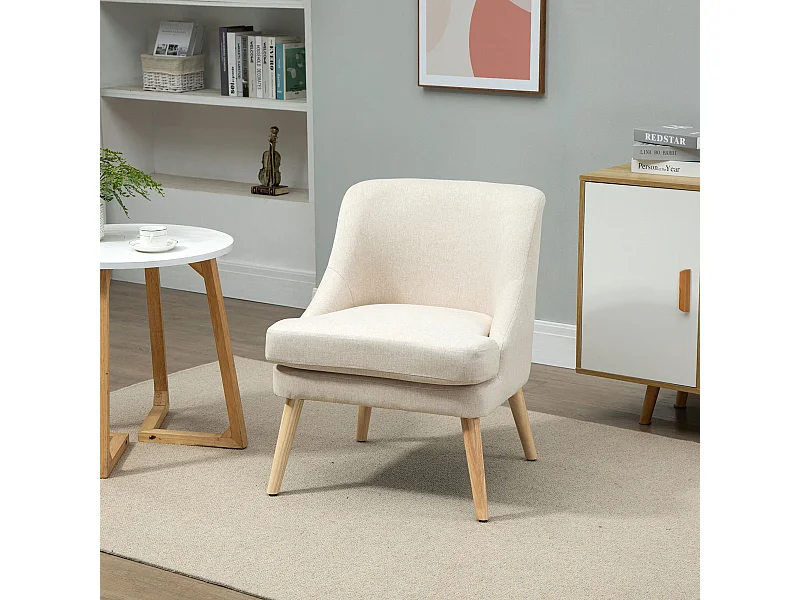 Fauteuil lounge design scandinave pieds effilés bois massif hévéa revêtement tissu polyester aspect lin beige