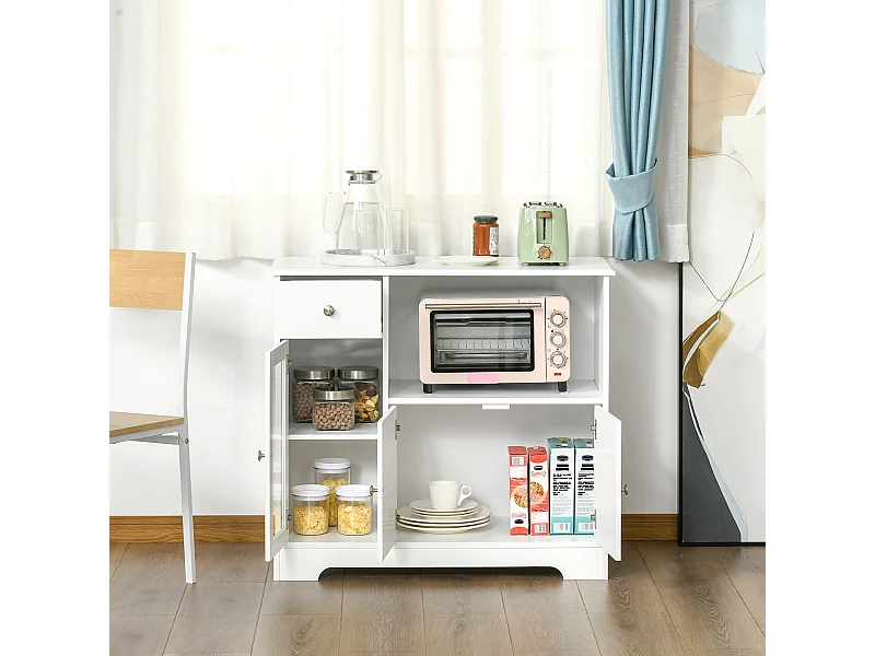 Meuble micro-ondes pour cuisine - tiroir, 3 portes, niche - dim. 90L x 40l x 82H cm - MDF blanc