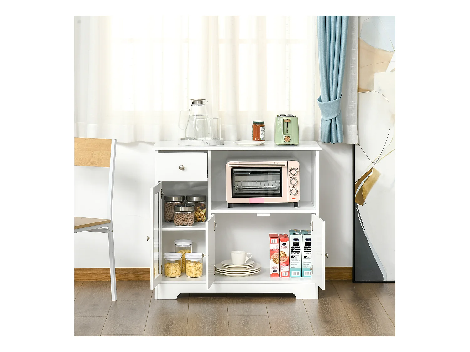 Meuble micro-ondes pour cuisine - tiroir, 3 portes, niche - dim. 90L x 40l x 82H cm - MDF blanc