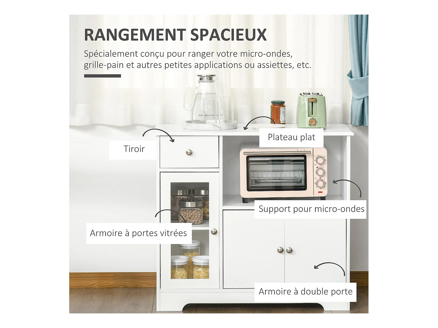 Meuble micro-ondes pour cuisine - tiroir, 3 portes, niche - dim. 90L x 40l x 82H cm - MDF blanc