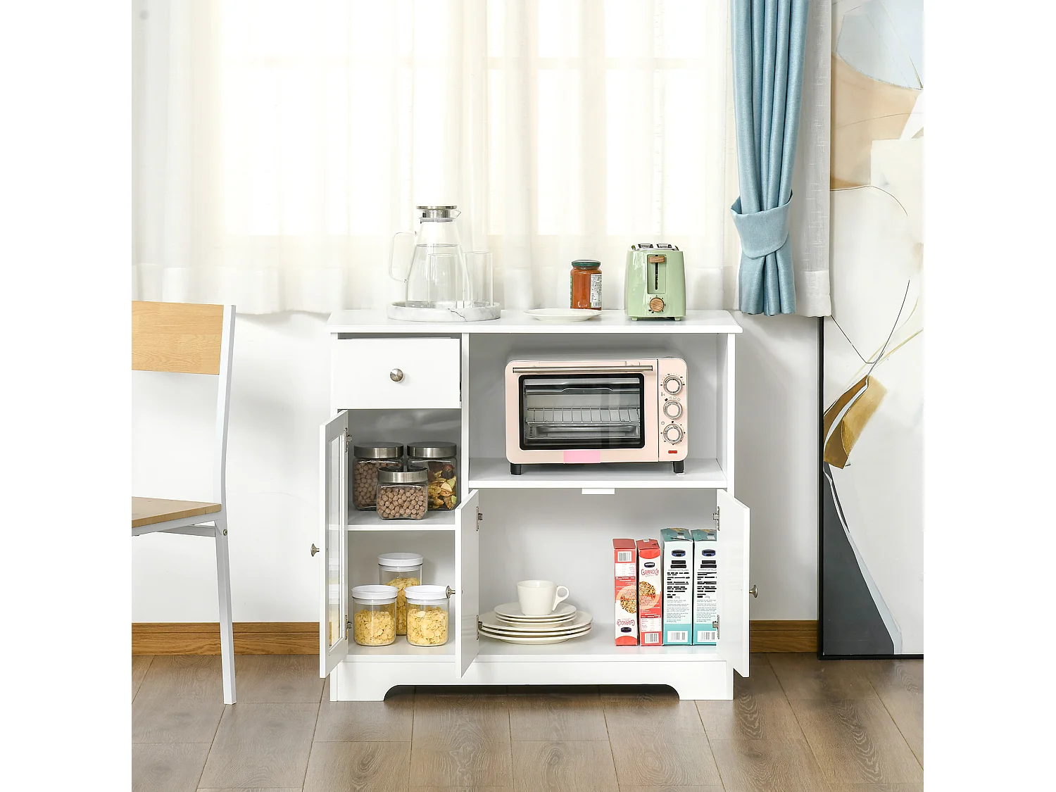 Meuble micro-ondes pour cuisine - tiroir, 3 portes, niche - dim. 90L x 40l x 82H cm - MDF blanc