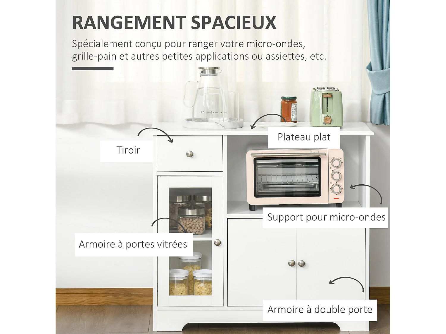 Meuble micro-ondes pour cuisine - tiroir, 3 portes, niche - dim. 90L x 40l x 82H cm - MDF blanc