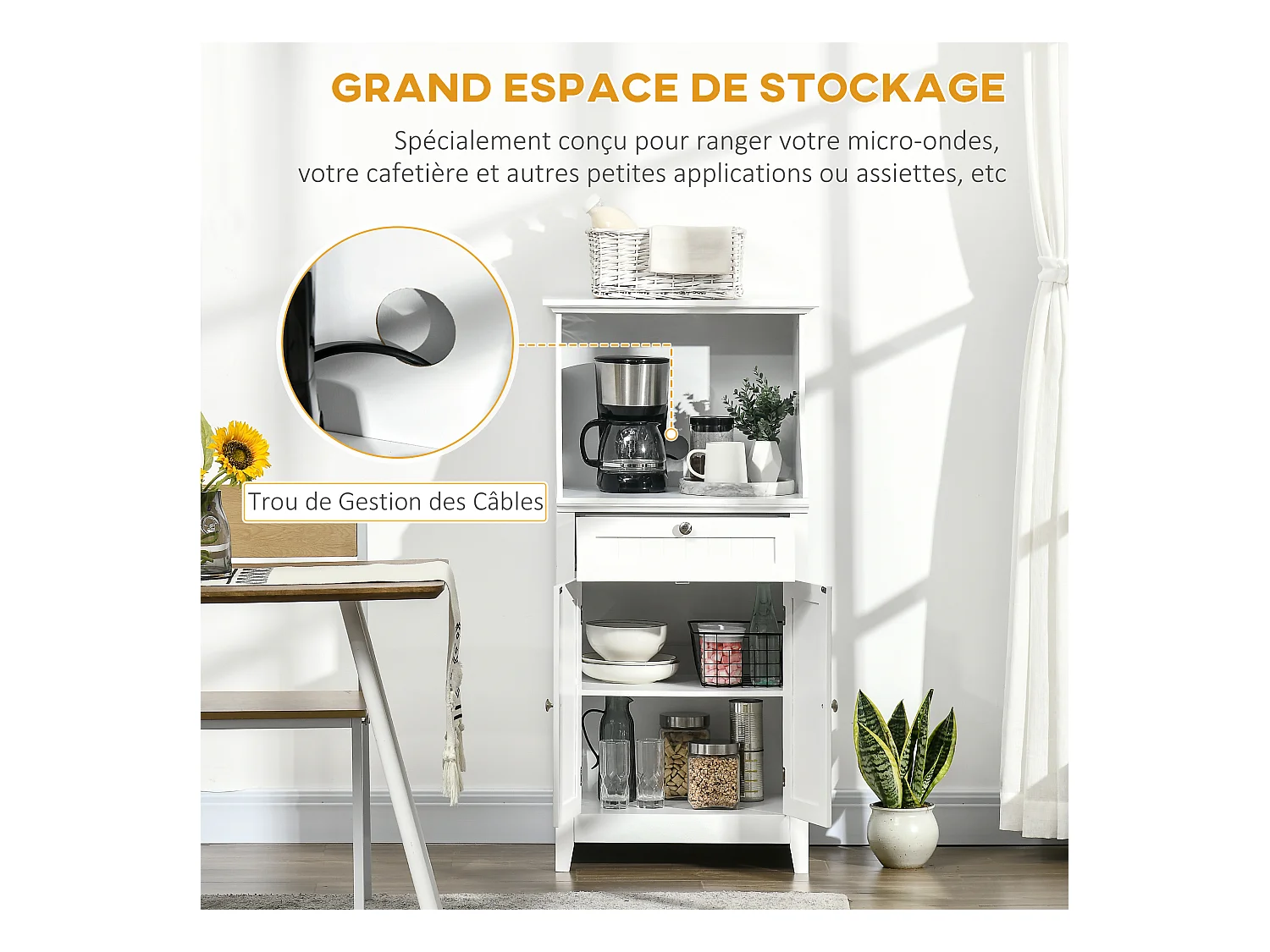 Meuble micro-ondes pour cuisine - tiroir, 2 portes, niche - dim. 60L x 40l x 122,5H cm - MDF blanc