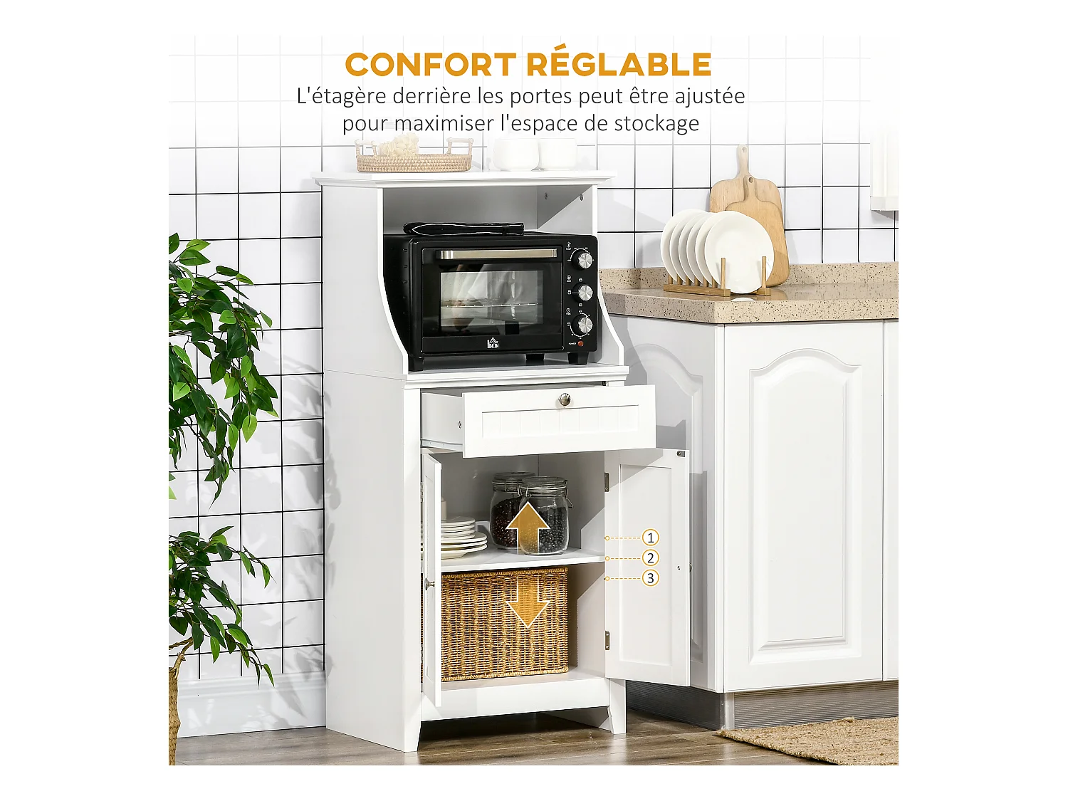 Meuble micro-ondes pour cuisine - tiroir, 2 portes, niche - dim. 60L x 40l x 122,5H cm - MDF blanc