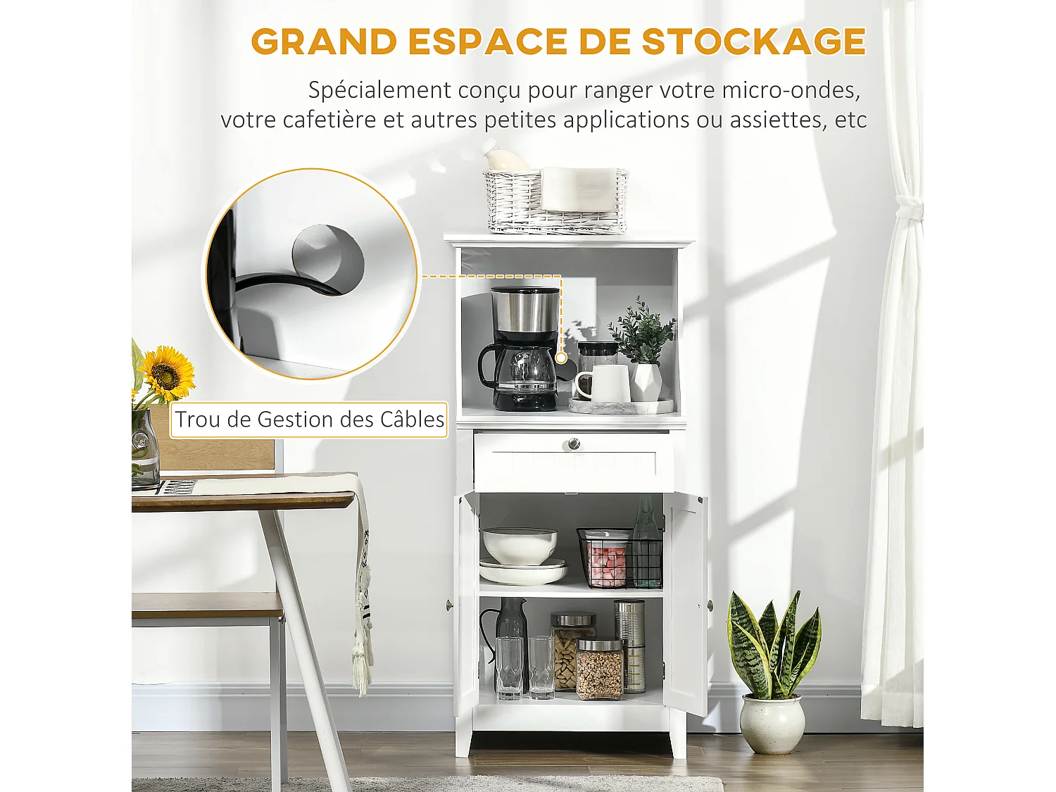 Meuble micro-ondes pour cuisine - tiroir, 2 portes, niche - dim. 60L x 40l x 122,5H cm - MDF blanc