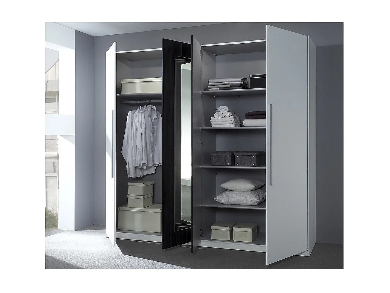 Armoire 4 portes avec miroirs couleur blanc et gris anthracite - IRINA