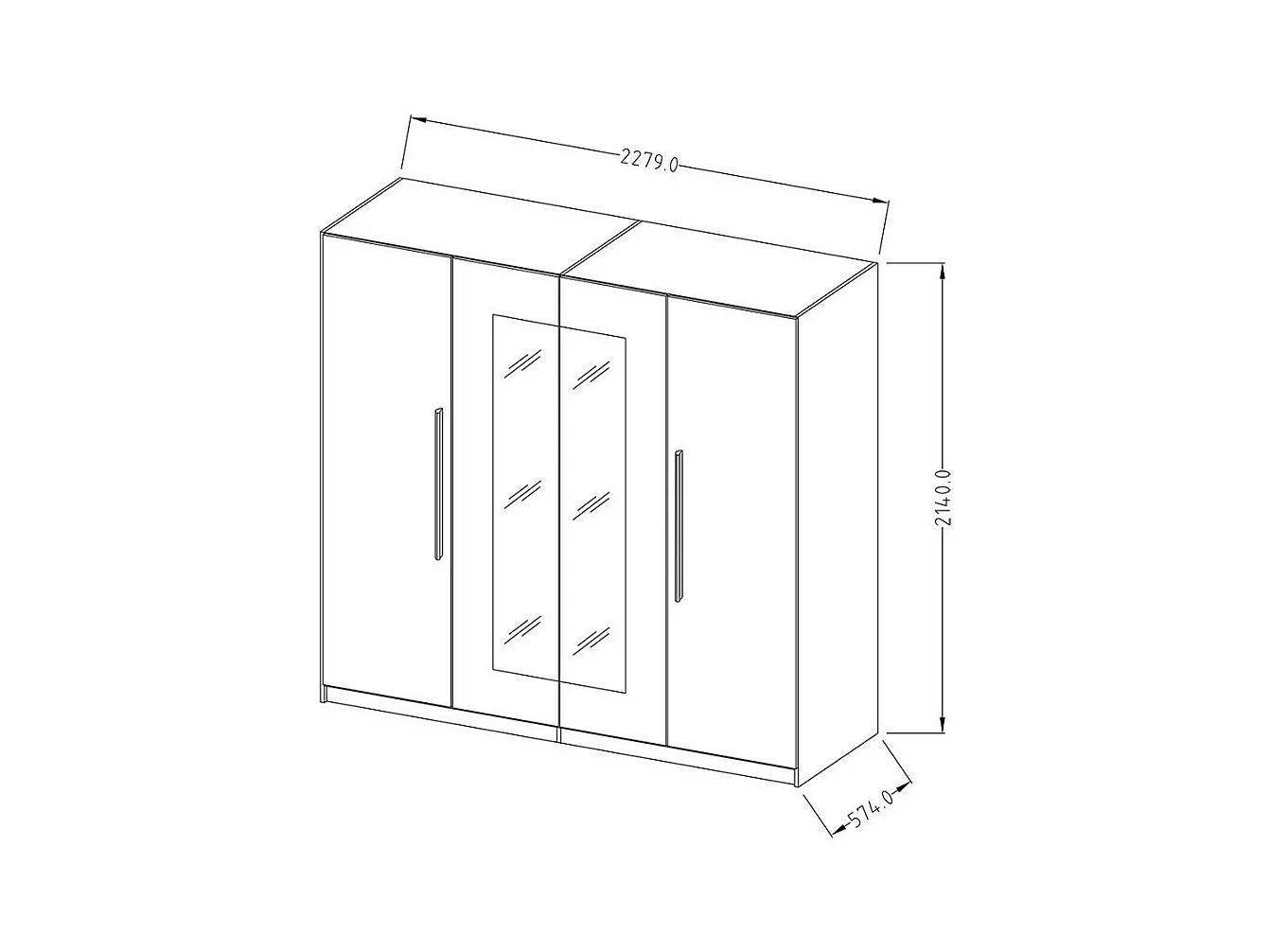 Armadio IRINA 4 porte con specchi - rovere e nero - 228 x 57 x 214 cm