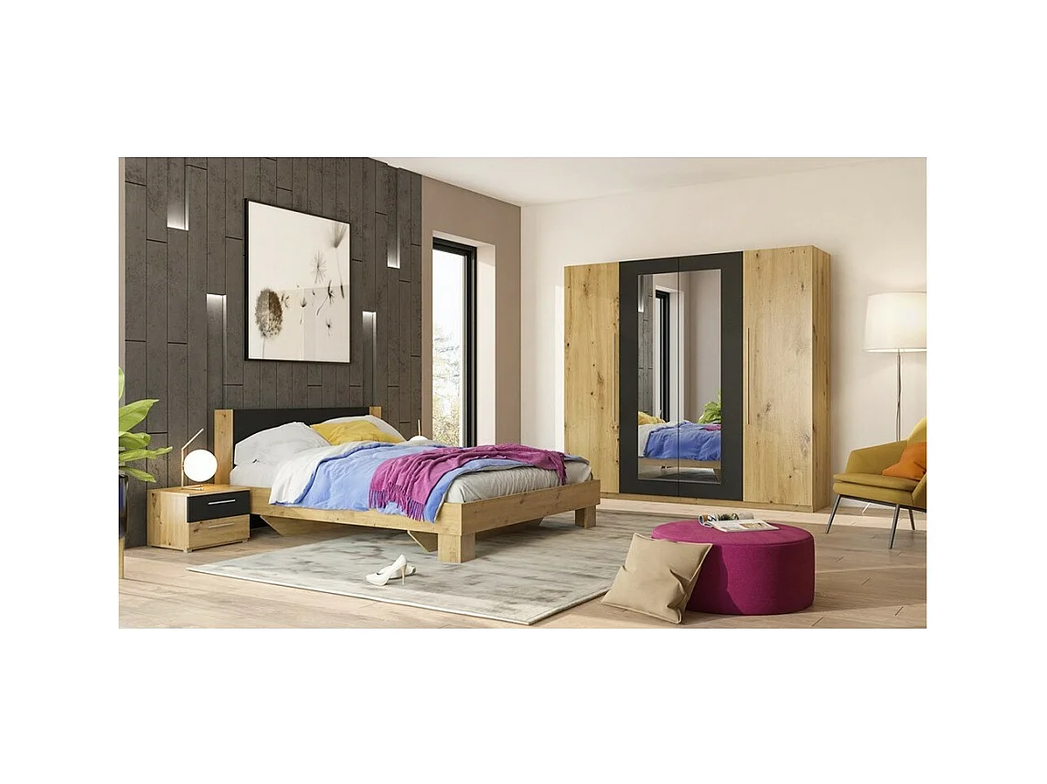 Armadio IRINA 4 porte con specchi - rovere e nero - 228 x 57 x 214 cm