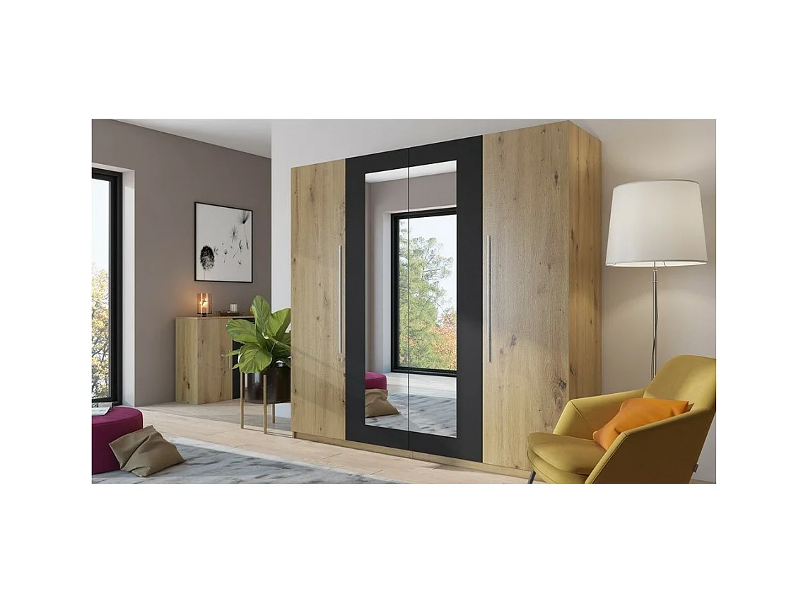 Kledingkast IRINA 4 deuren met spiegels - eiken en zwart - 228 x 57 x 214 cm