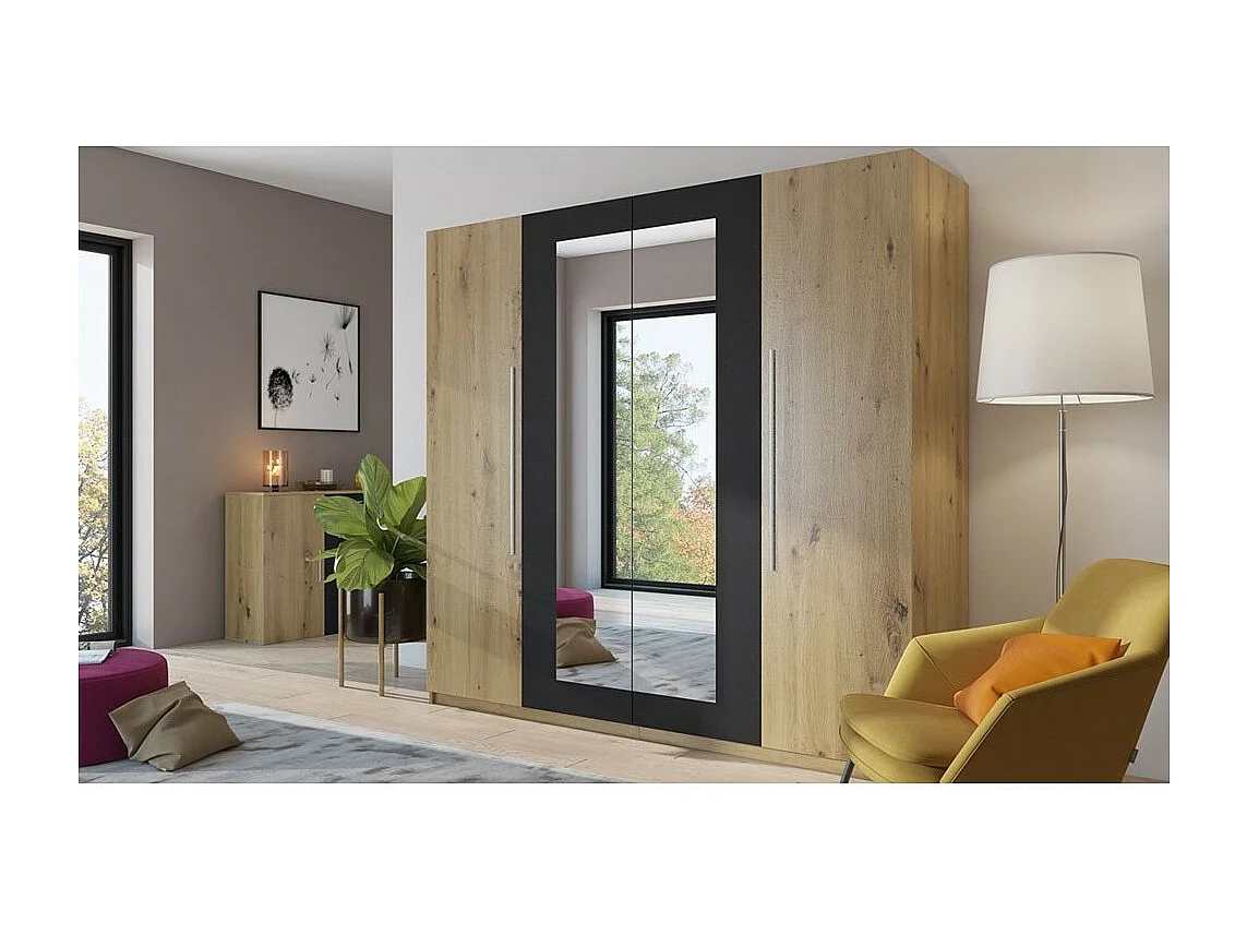 Armário de 4 portas com espelhos cor carvalho e preto - IRINA