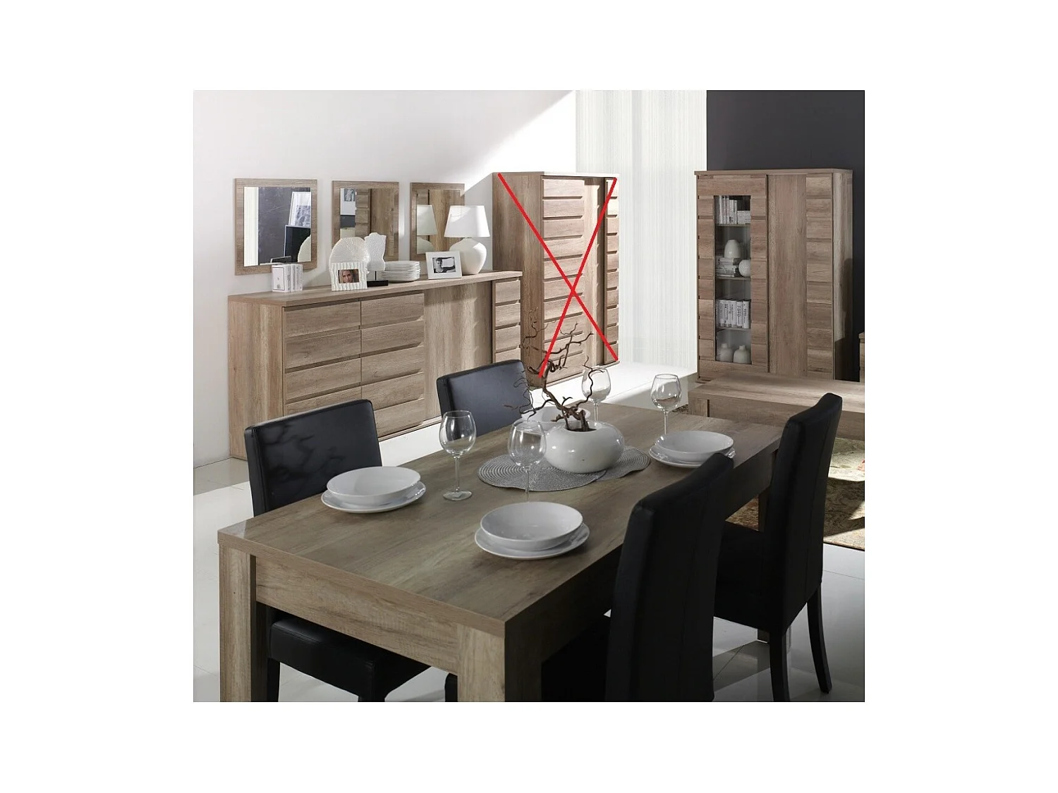 Salle à manger complète ROMI – Buffet, vitrine, table 180 cm et 3 miroirs – Chêne dab canyon
