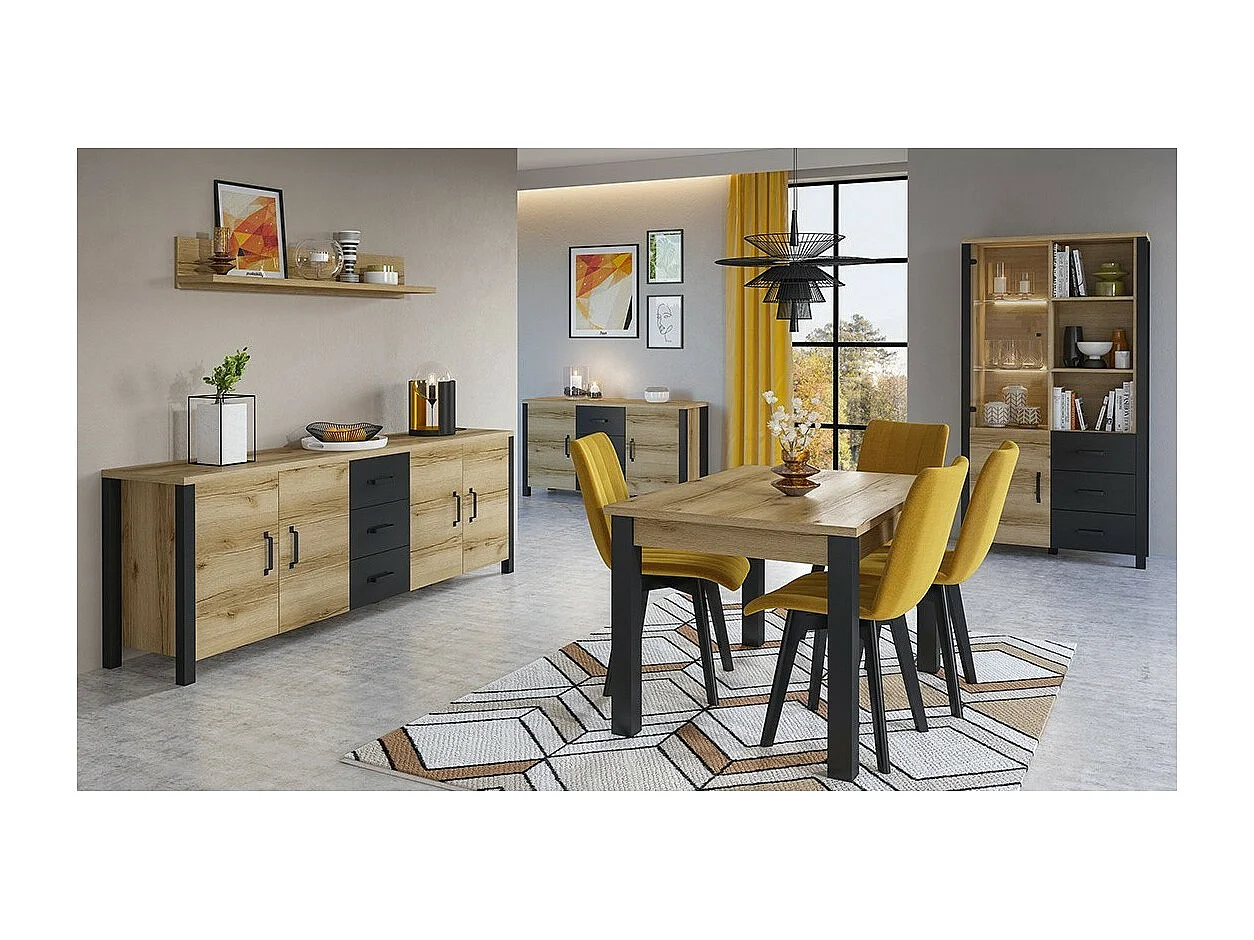 Ensemble de 5 meubles de salle à manger collection DARWIN. Couleur chêne clair et noir.