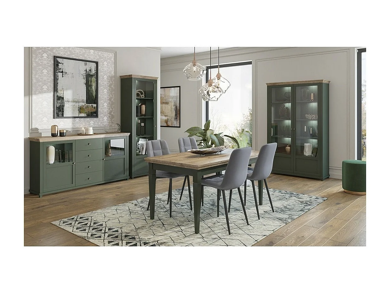 Set van 4 meubels voor eetkamer in groene en eiken kleur. Collectie ASSIA