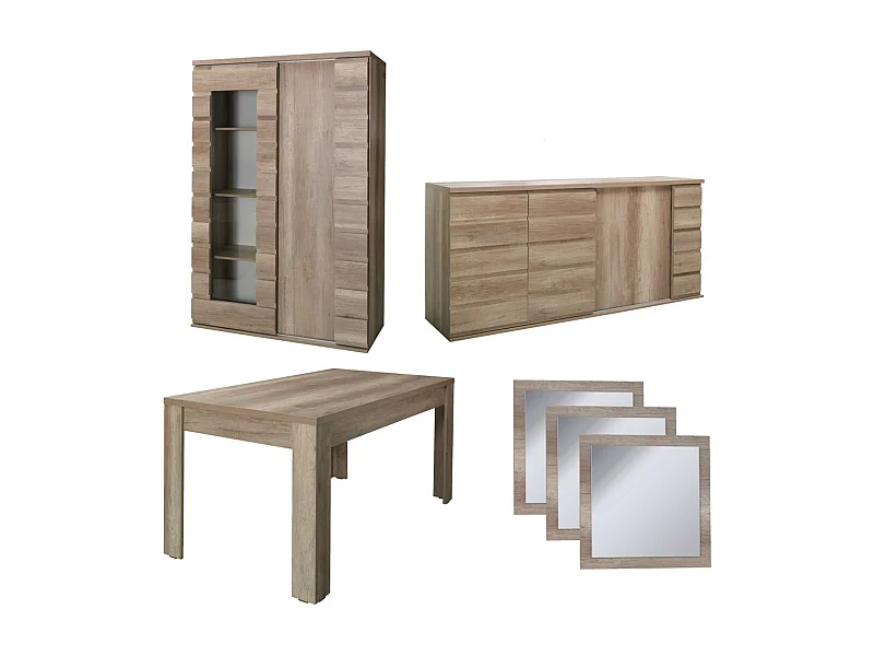 Conjunto comedor ROMI – Aparador, vitrina, mesa de 160 cm, espejos – Roble dab canyon