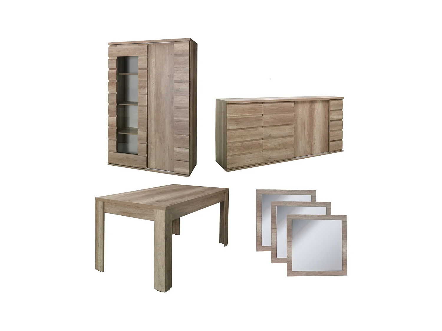 Conjunto comedor ROMI – Aparador, vitrina, mesa de 160 cm, espejos – Roble dab canyon