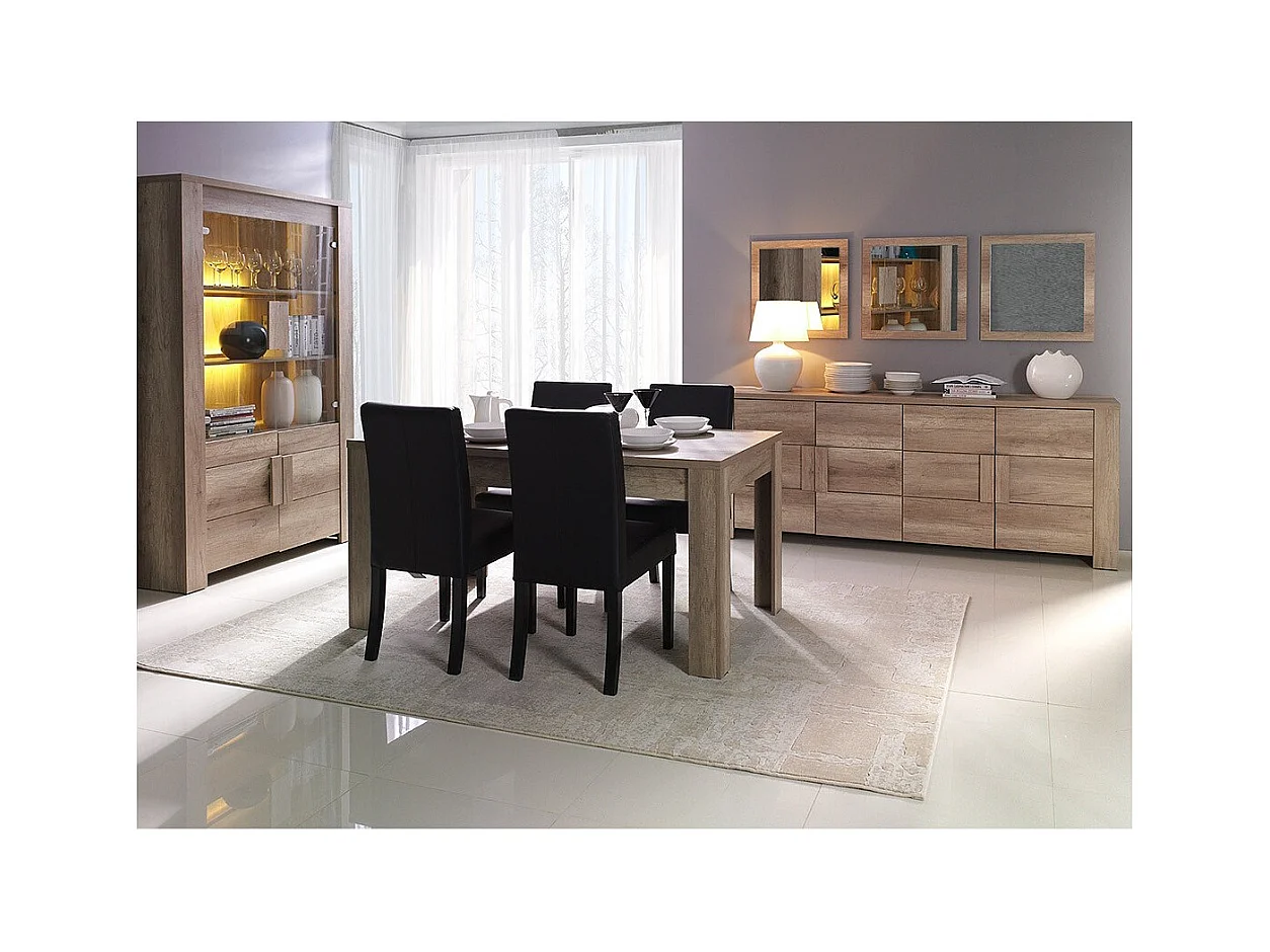 Salle à manger FARRA : buffet, vitrine, 3 miroirs et table avec LED