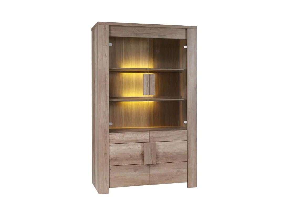 Salle à manger FARRA avec buffet, vitrine LED, table et 3 miroirs – Chêne
