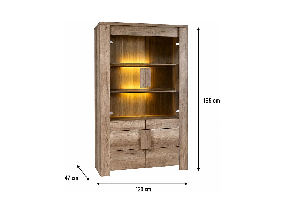 Salle à manger FARRA avec buffet, vitrine LED, table et 3 miroirs – Chêne