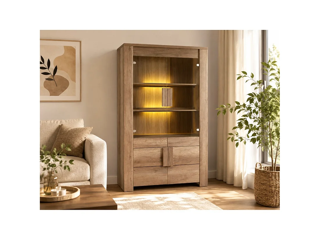 Salle à manger FARRA avec buffet, vitrine LED, table et 3 miroirs – Chêne