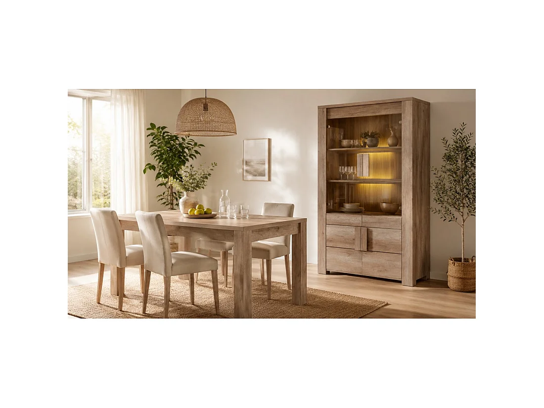 Salle à manger FARRA avec buffet, vitrine LED, table et 3 miroirs – Chêne