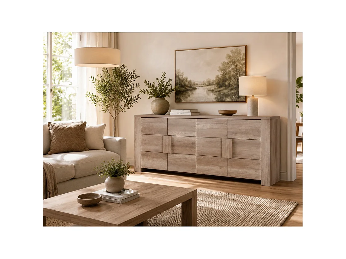 Salle à manger FARRA avec buffet, vitrine LED, table et 3 miroirs – Chêne