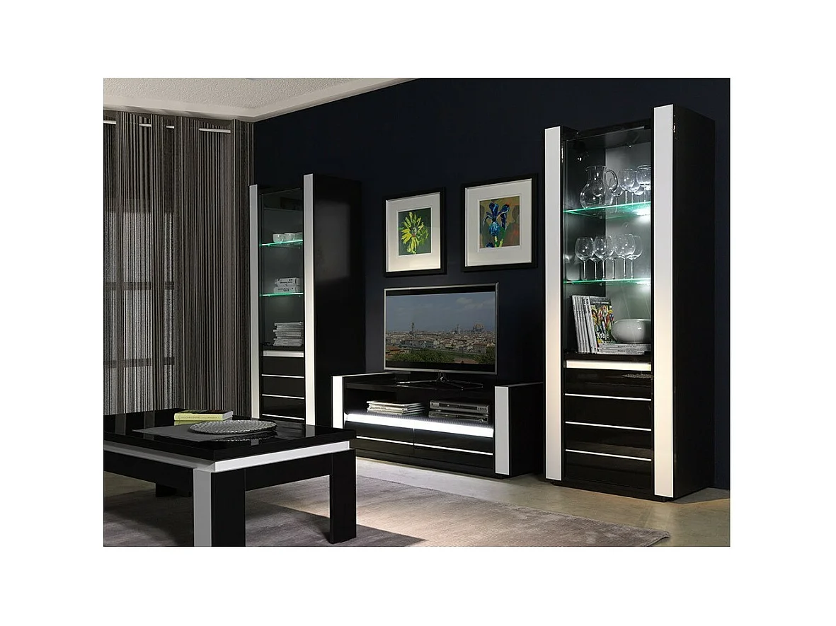 Conjunto de muebles de salón en colores negro y blanco brillante con LED