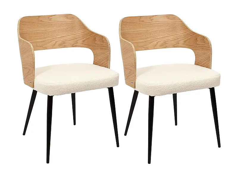 KILPA - Lot de 2 Fauteuils Bois et Métal Assise en Tissu Bouclettes