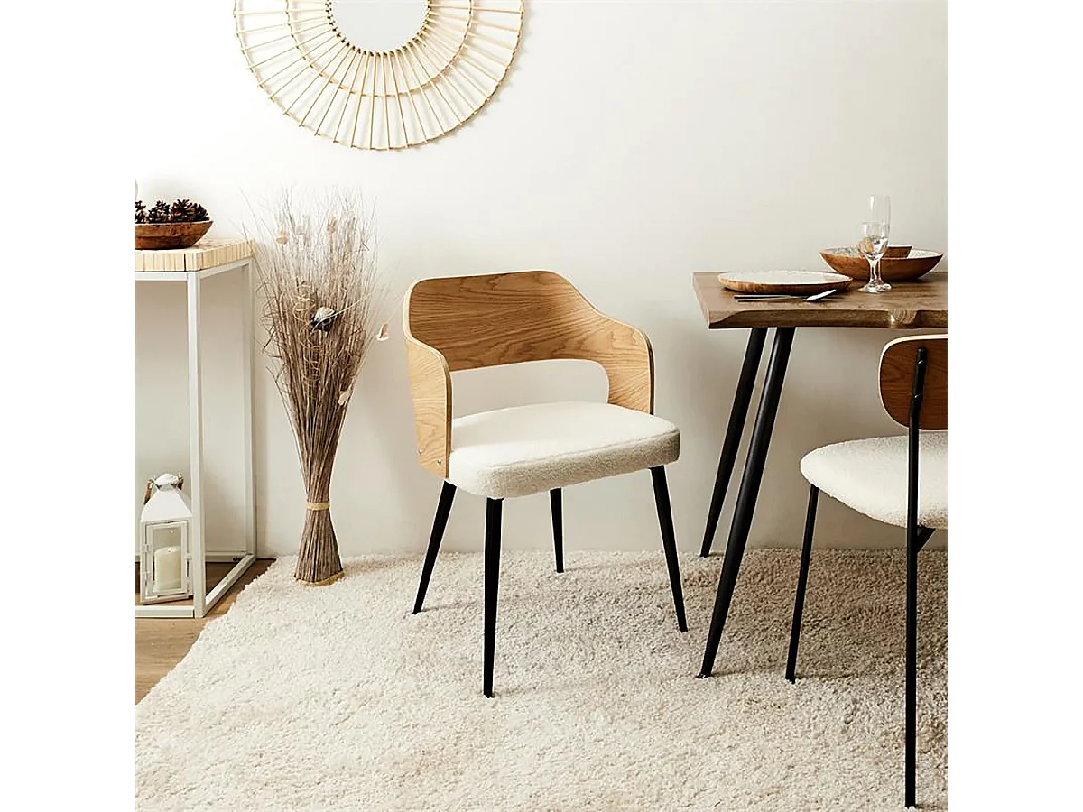 KILPA - Lot de 2 Fauteuils Bois et Métal Assise en Tissu Bouclettes