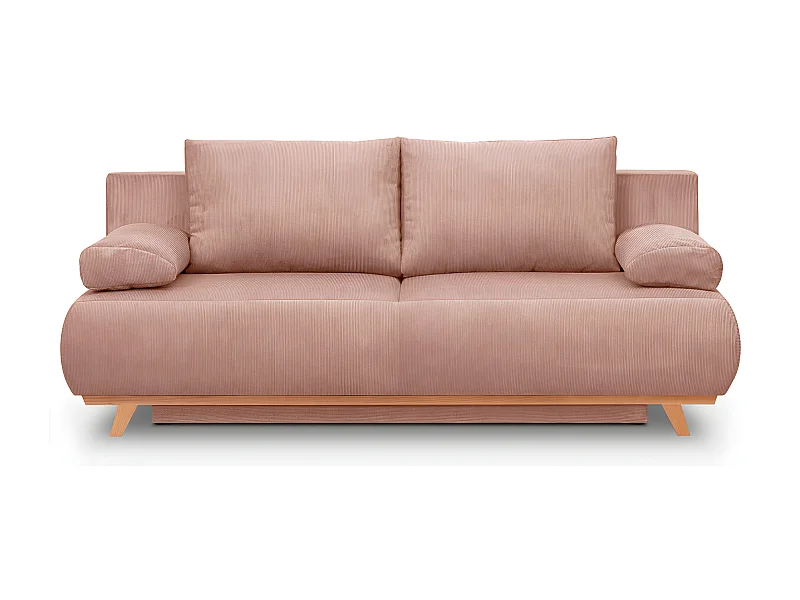 Canapé convertible 3 places avec coffre de rangement en velours fines côtes rose pâle - Laria