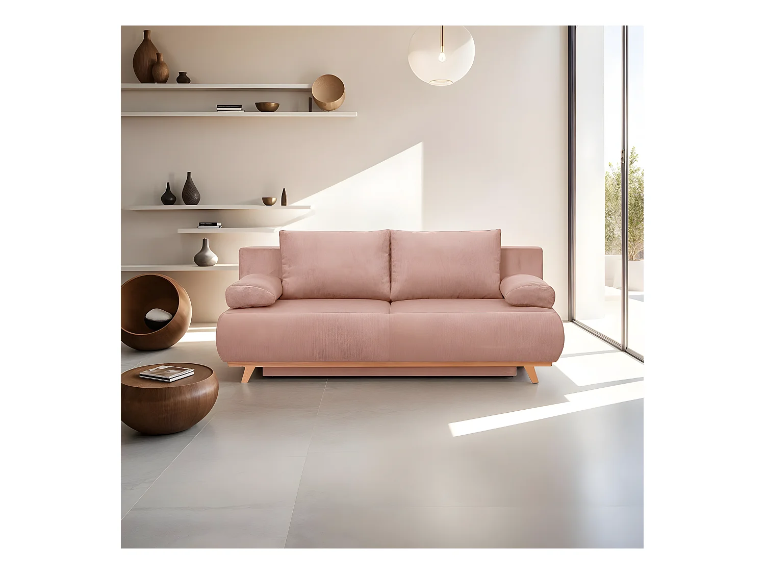 Canapé convertible 3 places avec coffre de rangement en velours fines côtes rose pâle - Laria